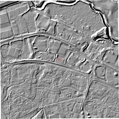 Shaded relief map of the ground around WA57TS, computed from Environment Agency LiDAR. The ground here sits at about 10 m above sea level and falls 7 m across the surrounding 800 m. Surface water reaching this point runs off ground lying to the north-north-west, 2.8 m higher.