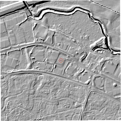 Shaded relief map of the ground around WA57UN, computed from Environment Agency LiDAR. The ground here sits at about 10 m above sea level and falls 7 m across the surrounding 800 m. Surface water reaching this point runs off ground lying to the west, 0.7 m higher.