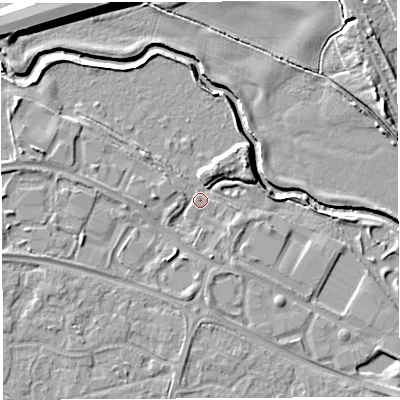 Shaded relief map of the ground around WA57XR, computed from Environment Agency LiDAR. The ground here sits at about 10 m above sea level and falls 9 m across the surrounding 800 m. Surface water reaching this point runs off ground lying to the north-north-east, 3.4 m higher.