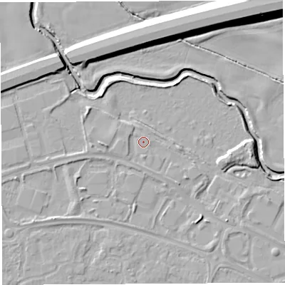 Shaded relief map of the ground around WA57YE, computed from Environment Agency LiDAR. The ground here sits at about 10 m above sea level and falls 13 m across the surrounding 800 m. Surface water reaching this point runs off ground lying to the west, 1.1 m higher.