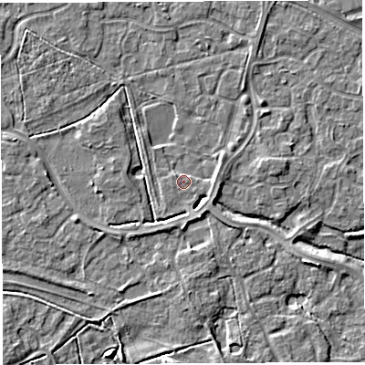 Shaded relief map of the ground around WA59JG, computed from Environment Agency LiDAR. The ground here sits at about 10 m above sea level and falls 6 m across the surrounding 800 m. Surface water reaching this point runs off ground lying to the south-south-east, 2.8 m higher.