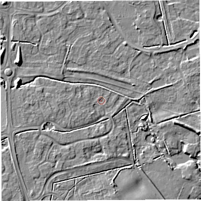 Shaded relief map of the ground around WA59QY, computed from Environment Agency LiDAR. The ground here sits at about 10 m above sea level and falls 9 m across the surrounding 800 m. Surface water reaching this point runs off ground lying to the west-south-west, 2.0 m higher.