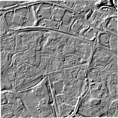 Shaded relief map of the ground around WA59RA, computed from Environment Agency LiDAR. The ground here sits at about 10 m above sea level and falls 6 m across the surrounding 800 m. Surface water reaching this point runs off ground lying to the north-west, 1.4 m higher.