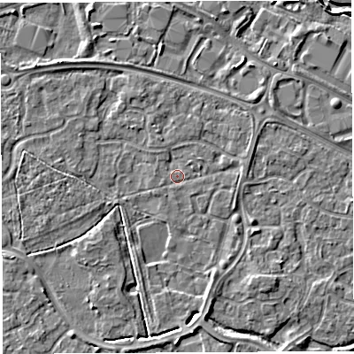 Shaded relief map of the ground around WA59RB, computed from Environment Agency LiDAR. The ground here sits at about 10 m above sea level and falls 5 m across the surrounding 800 m. Surface water reaching this point runs off ground lying to the north-east, 0.8 m higher.