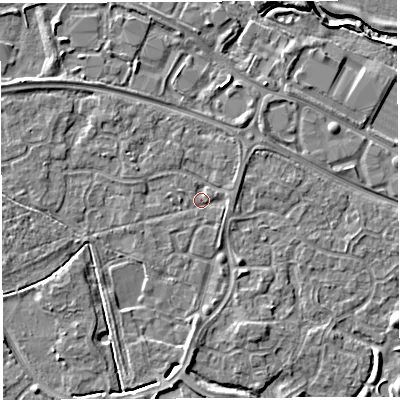 Shaded relief map of the ground around WA59RD, computed from Environment Agency LiDAR. The ground here sits at about 10 m above sea level and falls 5 m across the surrounding 800 m. Surface water reaching this point runs off ground lying to the east-north-east, 1.2 m higher.