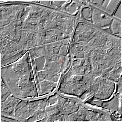 Shaded relief map of the ground around WA59RJ, computed from Environment Agency LiDAR. The ground here sits at about 10 m above sea level and falls 5 m across the surrounding 800 m. Surface water reaching this point runs off ground lying to the south-south-west, 2.8 m higher.