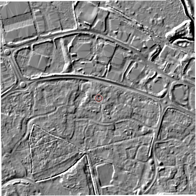Shaded relief map of the ground around WA59RN, computed from Environment Agency LiDAR. The ground here sits at about 10 m above sea level and falls 6 m across the surrounding 800 m. Surface water reaching this point runs off ground lying to the north-north-east, 1.0 m higher.