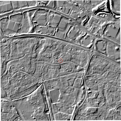 Shaded relief map of the ground around WA59RP, computed from Environment Agency LiDAR. The ground here sits at about 10 m above sea level and falls 6 m across the surrounding 800 m. Surface water reaching this point runs off ground lying to the west-south-west, 0.9 m higher.