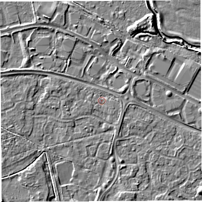 Shaded relief map of the ground around WA59RR, computed from Environment Agency LiDAR. The ground here sits at about 10 m above sea level and falls 6 m across the surrounding 800 m. Surface water reaching this point runs off ground lying to the east-south-east, 0.9 m higher.