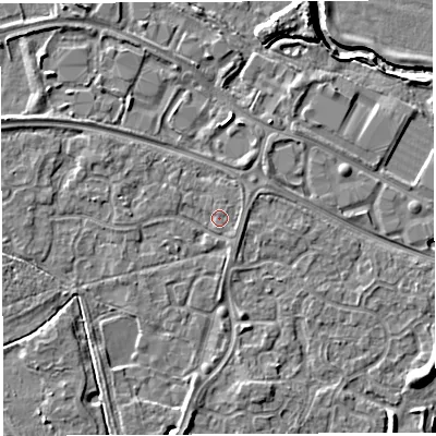 Shaded relief map of the ground around WA59RS, computed from Environment Agency LiDAR. The ground here sits at about 10 m above sea level and falls 6 m across the surrounding 800 m. Surface water reaching this point runs off ground lying to the west-south-west, 1.1 m higher.
