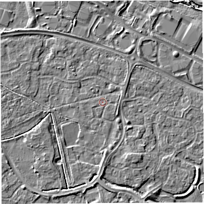 Shaded relief map of the ground around WA59RT, computed from Environment Agency LiDAR. The ground here sits at about 10 m above sea level and falls 5 m across the surrounding 800 m. Surface water reaching this point runs off ground lying to the north-east, 1.2 m higher.