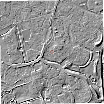Shaded relief map of the ground around WA59RU, computed from Environment Agency LiDAR. The ground here sits at about 10 m above sea level and falls 7 m across the surrounding 800 m. Surface water reaching this point runs off ground lying to the north-north-east, 1.6 m higher.