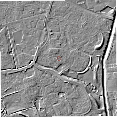 Shaded relief map of the ground around WA59RW, computed from Environment Agency LiDAR. The ground here sits at about 10 m above sea level and falls 7 m across the surrounding 800 m. Surface water reaching this point runs off ground lying to the north-north-west, 1.2 m higher.