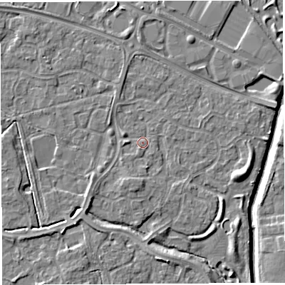 Shaded relief map of the ground around WA59RZ, computed from Environment Agency LiDAR. The ground here sits at about 10 m above sea level and falls 6 m across the surrounding 800 m. Surface water reaching this point runs off ground lying to the south-south-west, 1.8 m higher.
