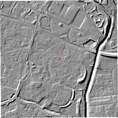 Shaded relief map of the ground around WA59SA, computed from Environment Agency LiDAR. The ground here sits at about 10 m above sea level and falls 9 m across the surrounding 800 m. Surface water reaching this point runs off ground lying to the west-north-west, 0.6 m higher.