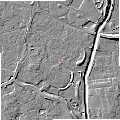 Shaded relief map of the ground around WA59SB, computed from Environment Agency LiDAR. The ground here sits at about 9 m above sea level and falls 9 m across the surrounding 800 m. Surface water reaching this point runs off ground lying to the west-south-west, 2.1 m higher.