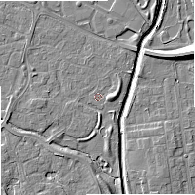 Shaded relief map of the ground around WA59SD, computed from Environment Agency LiDAR. The ground here sits at about 9 m above sea level and falls 11 m across the surrounding 800 m. Surface water reaching this point runs off ground lying to the east, 2.8 m higher.