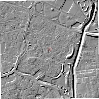 Shaded relief map of the ground around WA59SE, computed from Environment Agency LiDAR. The ground here sits at about 9 m above sea level and falls 9 m across the surrounding 800 m. Surface water reaching this point runs off ground lying to the east-north-east, 0.6 m higher.