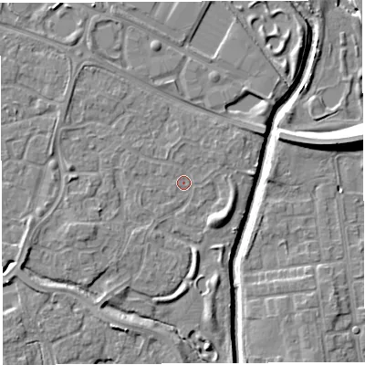 Shaded relief map of the ground around WA59SF, computed from Environment Agency LiDAR. The ground here sits at about 9 m above sea level and falls 11 m across the surrounding 800 m. Surface water reaching this point runs off ground lying to the north-north-west, 0.7 m higher.