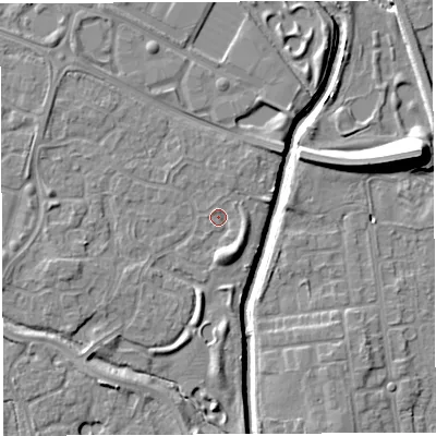 Shaded relief map of the ground around WA59SG, computed from Environment Agency LiDAR. The ground here sits at about 9 m above sea level and falls 12 m across the surrounding 800 m. Surface water reaching this point runs off ground lying to the south-south-east, 2.8 m higher.