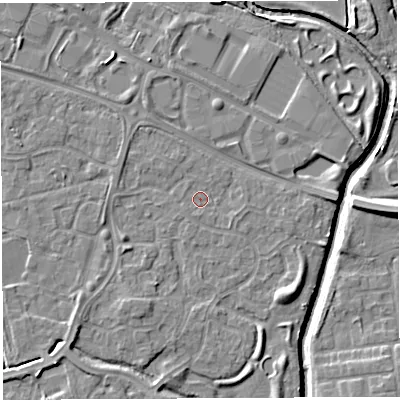 Shaded relief map of the ground around WA59SH, computed from Environment Agency LiDAR. The ground here sits at about 9 m above sea level and falls 8 m across the surrounding 800 m. Surface water reaching this point runs off ground lying to the south-east, 0.7 m higher.