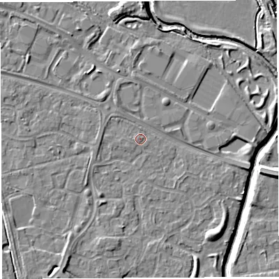 Shaded relief map of the ground around WA59SJ, computed from Environment Agency LiDAR. The ground here sits at about 10 m above sea level and falls 7 m across the surrounding 800 m. Surface water reaching this point runs off ground lying to the west, 0.9 m higher.