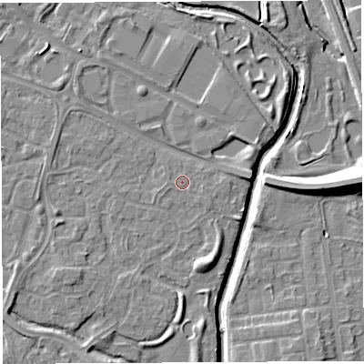 Shaded relief map of the ground around WA59SL, computed from Environment Agency LiDAR. The ground here sits at about 9 m above sea level and falls 12 m across the surrounding 800 m. Surface water reaching this point runs off ground lying to the east-south-east, 0.7 m higher.