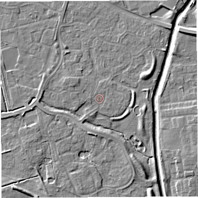 Shaded relief map of the ground around WA59SP, computed from Environment Agency LiDAR. The ground here sits at about 9 m above sea level and falls 8 m across the surrounding 800 m. Surface water reaching this point runs off ground lying to the west-south-west, 3.1 m higher.
