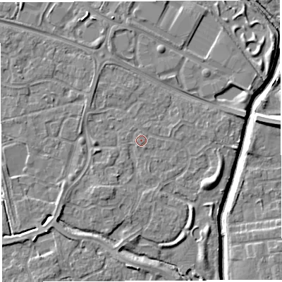 Shaded relief map of the ground around WA59SQ, computed from Environment Agency LiDAR. The ground here sits at about 10 m above sea level and falls 8 m across the surrounding 800 m. Surface water reaching this point runs off ground lying to the north-north-east, 0.6 m higher.