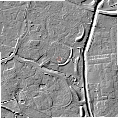 Shaded relief map of the ground around WA59SR, computed from Environment Agency LiDAR. The ground here sits at about 9 m above sea level and falls 9 m across the surrounding 800 m. Surface water reaching this point runs off ground lying to the north-west, 0.8 m higher.
