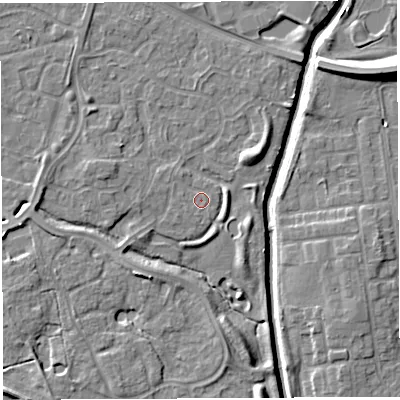 Shaded relief map of the ground around WA59SW, computed from Environment Agency LiDAR. The ground here sits at about 10 m above sea level and falls 10 m across the surrounding 800 m. Surface water reaching this point runs off ground lying to the west, 0.6 m higher.