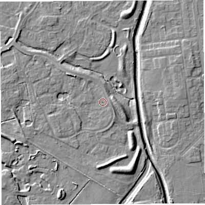 Shaded relief map of the ground around WA59SX, computed from Environment Agency LiDAR. The ground here sits at about 9 m above sea level and falls 7 m across the surrounding 800 m. Surface water reaching this point runs off ground lying to the south, 3.9 m higher.