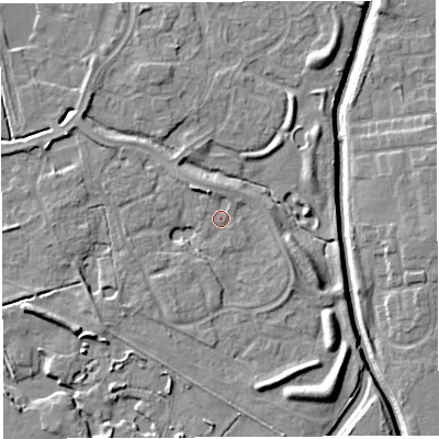 Shaded relief map of the ground around WA59SY, computed from Environment Agency LiDAR. The ground here sits at about 10 m above sea level and falls 7 m across the surrounding 800 m. Surface water reaching this point runs off ground lying to the north-west, 2.4 m higher.