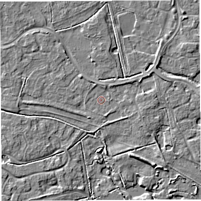 Shaded relief map of the ground around WA59TS, computed from Environment Agency LiDAR. The ground here sits at about 10 m above sea level and falls 6 m across the surrounding 800 m. Surface water reaching this point runs off ground lying to the west, 2.4 m higher.