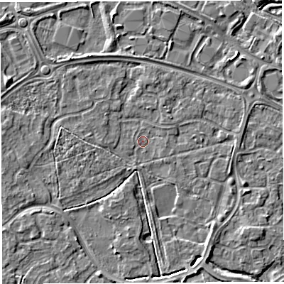 Shaded relief map of the ground around WA59UA, computed from Environment Agency LiDAR. The ground here sits at about 10 m above sea level and falls 5 m across the surrounding 800 m. Surface water reaching this point runs off ground lying to the west-north-west, 3.2 m higher.