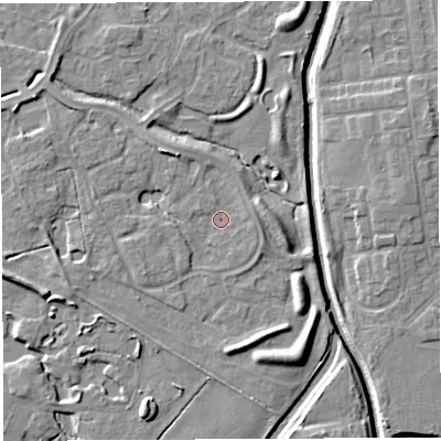 Shaded relief map of the ground around WA59UB, computed from Environment Agency LiDAR. The ground here sits at about 9 m above sea level and falls 7 m across the surrounding 800 m. Surface water reaching this point runs off ground lying to the south-south-east, 3.9 m higher.