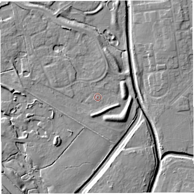 Shaded relief map of the ground around WA59UR, computed from Environment Agency LiDAR. The ground here sits at about 10 m above sea level and falls 7 m across the surrounding 800 m. Surface water reaching this point runs off ground lying to the west-south-west, 0.6 m higher.