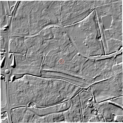 Shaded relief map of the ground around WA59UT, computed from Environment Agency LiDAR. The ground here sits at about 10 m above sea level and falls 10 m across the surrounding 800 m. Surface water reaching this point runs off ground lying to the north-north-east, 0.7 m higher.