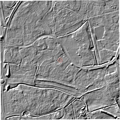 Shaded relief map of the ground around WA59UU, computed from Environment Agency LiDAR. The ground here sits at about 10 m above sea level and falls 9 m across the surrounding 800 m. Surface water reaching this point runs off ground lying to the west-north-west, 3.5 m higher.
