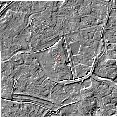 Shaded relief map of the ground around WA59YB, computed from Environment Agency LiDAR. The ground here sits at about 10 m above sea level and falls 5 m across the surrounding 800 m. Surface water reaching this point runs off ground lying to the south-east, 0.7 m higher.