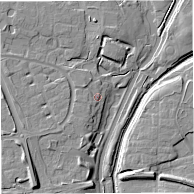 Shaded relief map of the ground around WA59YX, computed from Environment Agency LiDAR. The ground here sits at about 11 m above sea level and falls 14 m across the surrounding 800 m. Surface water reaching this point runs off ground lying to the west-south-west, 3.2 m higher.