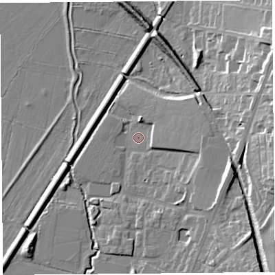 Shaded relief map of the ground around WA60DJ, computed from Environment Agency LiDAR. The ground here sits at about 7 m above sea level and falls 20 m across the surrounding 800 m. Surface water reaching this point runs off ground lying to the east-north-east, 17.6 m higher.