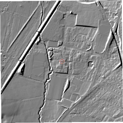 Shaded relief map of the ground around WA60FY, computed from Environment Agency LiDAR. The ground here sits at about 9 m above sea level and falls 17 m across the surrounding 800 m. Surface water reaching this point runs off ground lying to the south, 1.2 m higher.