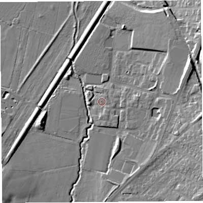 Shaded relief map of the ground around WA60GA, computed from Environment Agency LiDAR. The ground here sits at about 8 m above sea level and falls 15 m across the surrounding 800 m. Surface water reaching this point runs off ground lying to the south, 2.0 m higher.
