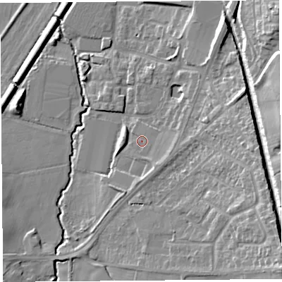 Shaded relief map of the ground around WA60GE, computed from Environment Agency LiDAR. The ground here sits at about 10 m above sea level and falls 21 m across the surrounding 800 m. Surface water reaching this point runs off ground lying to the south-east, 2.5 m higher.