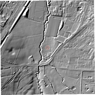 Shaded relief map of the ground around WA60GH, computed from Environment Agency LiDAR. The ground here sits at about 9 m above sea level and falls 15 m across the surrounding 800 m. Surface water reaching this point runs off ground lying to the east, 3.1 m higher.