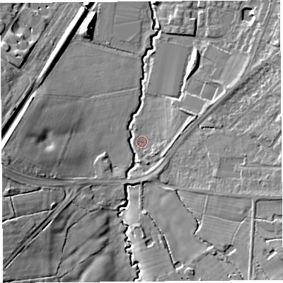 Shaded relief map of the ground around WA60GL, computed from Environment Agency LiDAR. The ground here sits at about 9 m above sea level and falls 14 m across the surrounding 800 m. Surface water reaching this point runs off ground lying to the south-east, 1.6 m higher.