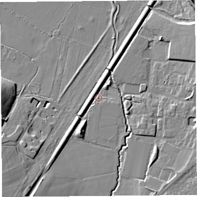 Shaded relief map of the ground around WA60GS, computed from Environment Agency LiDAR. The ground here sits at about 7 m above sea level and falls 15 m across the surrounding 800 m. Surface water reaching this point runs off ground lying to the south-south-west, 6.0 m higher.