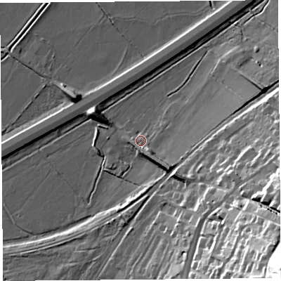 Shaded relief map of the ground around WA60HS, computed from Environment Agency LiDAR. The ground here sits at about 6 m above sea level and falls 55 m across the surrounding 800 m. Surface water reaching this point runs off ground lying to the south-south-east, 6.2 m higher.