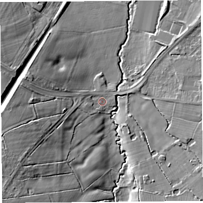 Shaded relief map of the ground around WA60JF, computed from Environment Agency LiDAR. The ground here sits at about 10 m above sea level and falls 15 m across the surrounding 800 m. Surface water reaching this point runs off ground lying to the west-south-west, 13.6 m higher.